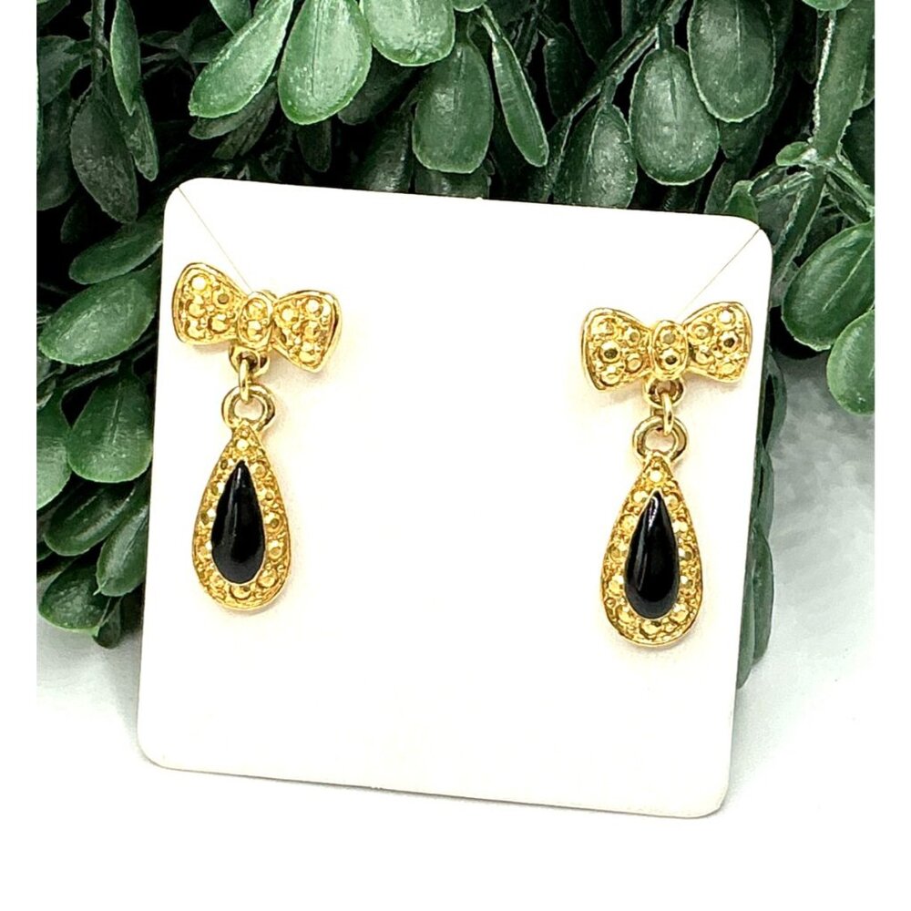 Gold Tone Black Onyx Bow Teardrop Dangle Earrings Elegant Design